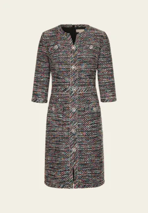 Cyber Glow Mixed tweed V-neck Hollow-carved Crystal Button Metalic-trim Dress