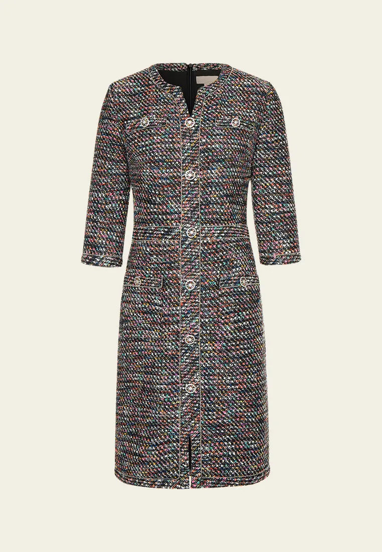 Cyber Glow Mixed tweed V-neck Hollow-carved Crystal Button Metalic-trim Dress