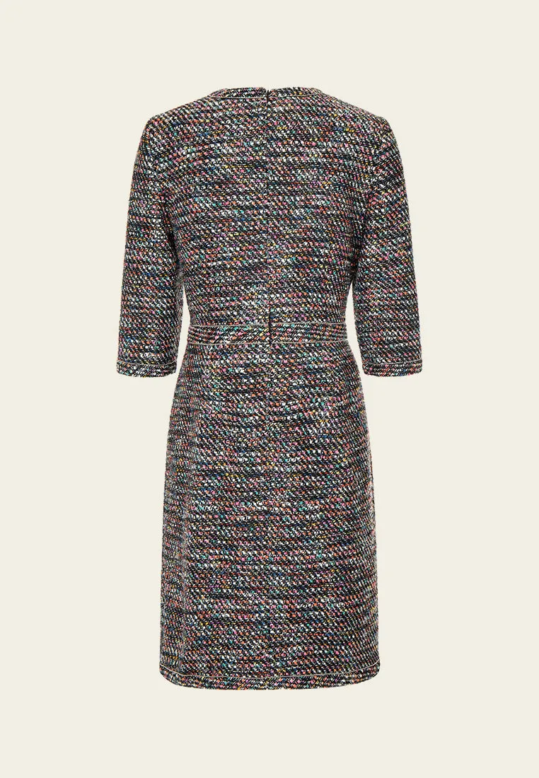Mixed tweed V-neck Hollow-carved Crystal Button Metalic-trim Dress QuickDryTech