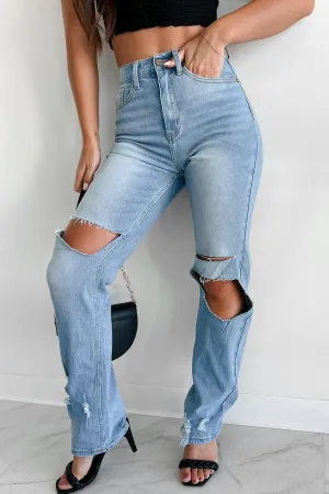 Comfort Stretch Weave Don't Delay High Rise Distressed Straight Leg Dogma Jeans (Medium Wash)