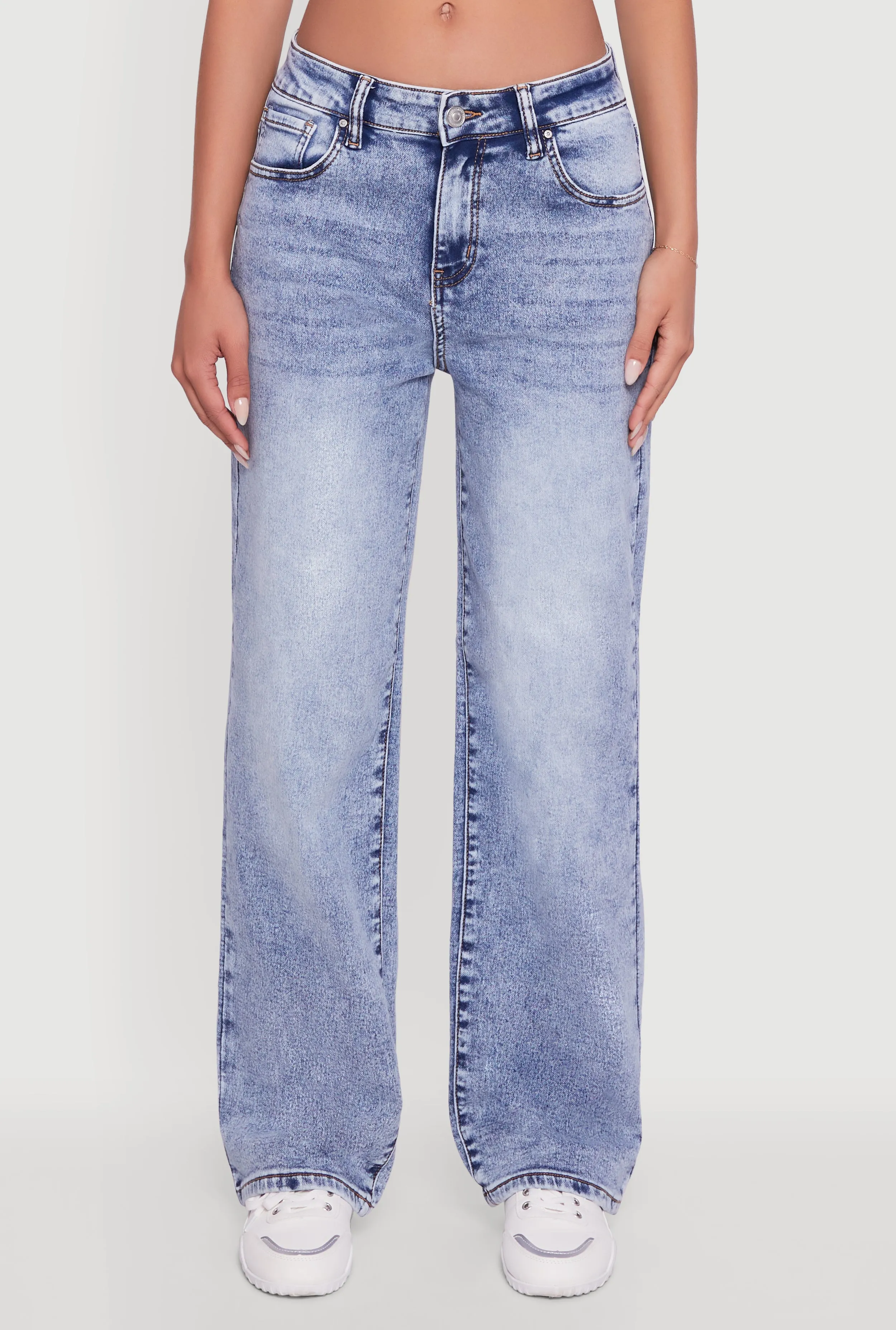 Sustainable Creative Look Acid Wash Mid Rise Straight Leg Jeans
