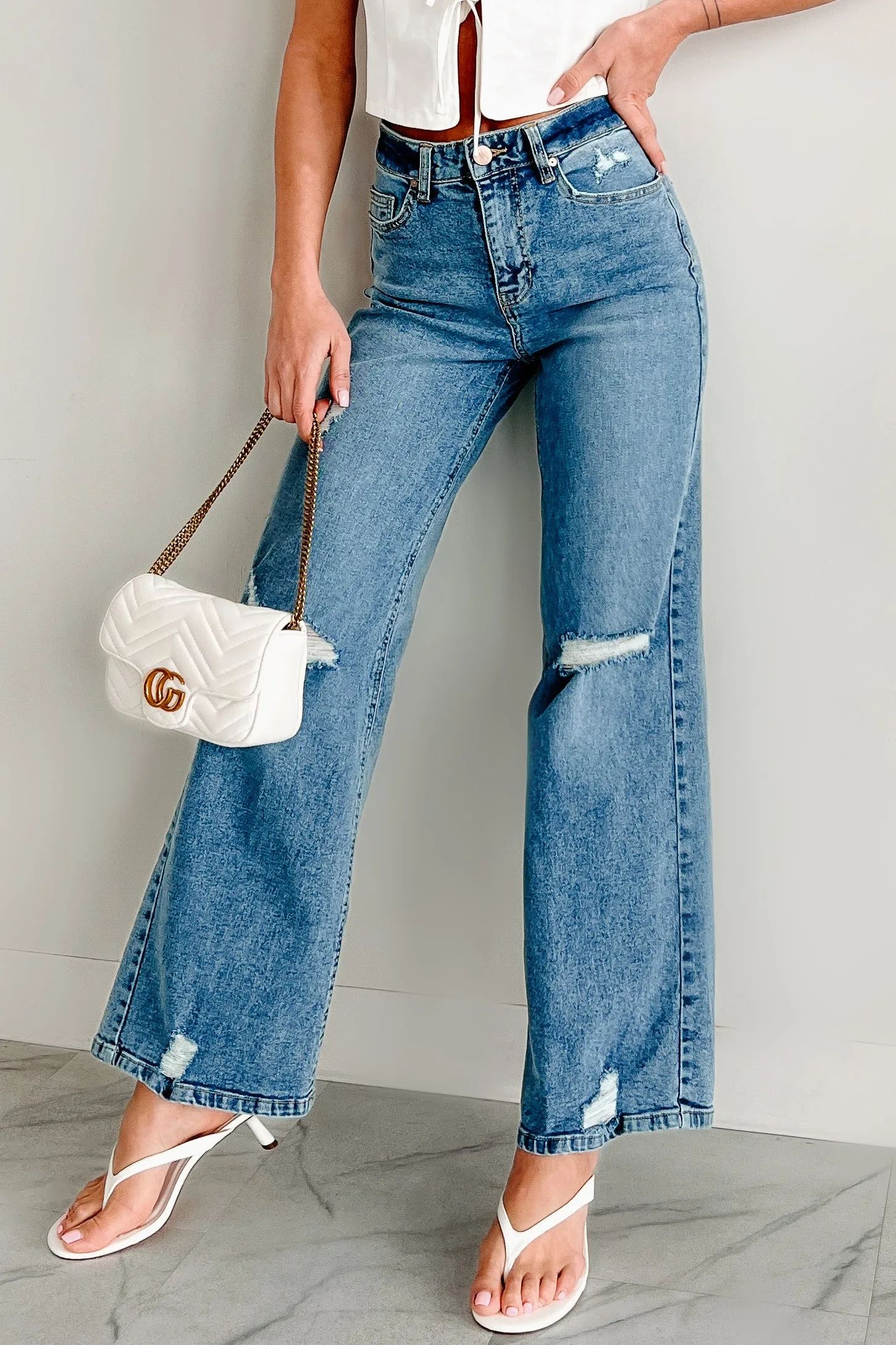 Durable Rivet Hardware Molly High Rise Wide Leg Distressed Indigo Reign Jeans (Medium Light)