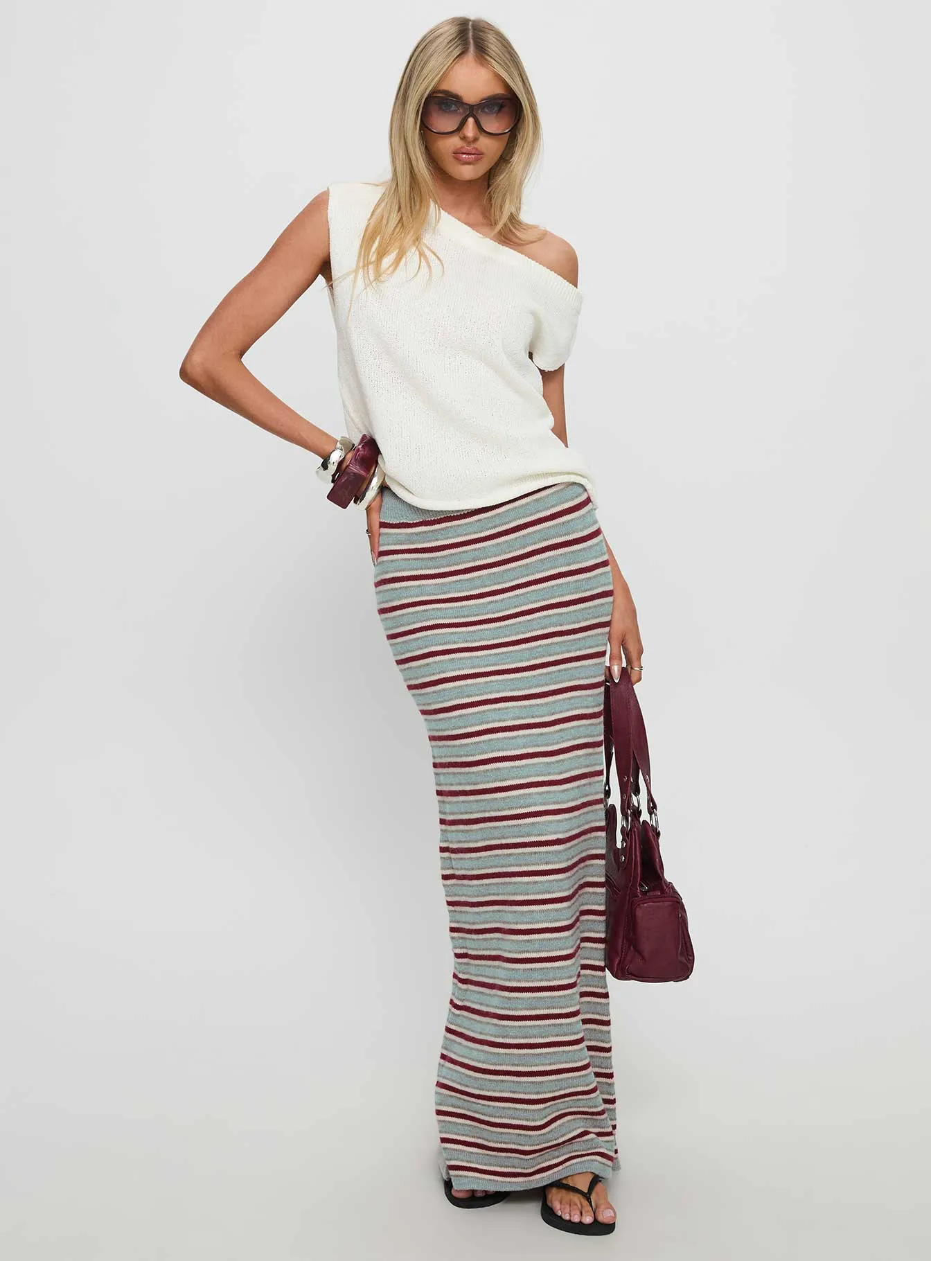 Heritage Inspired Laser cut On Air Knit Maxi Skirt Multi Stripe
