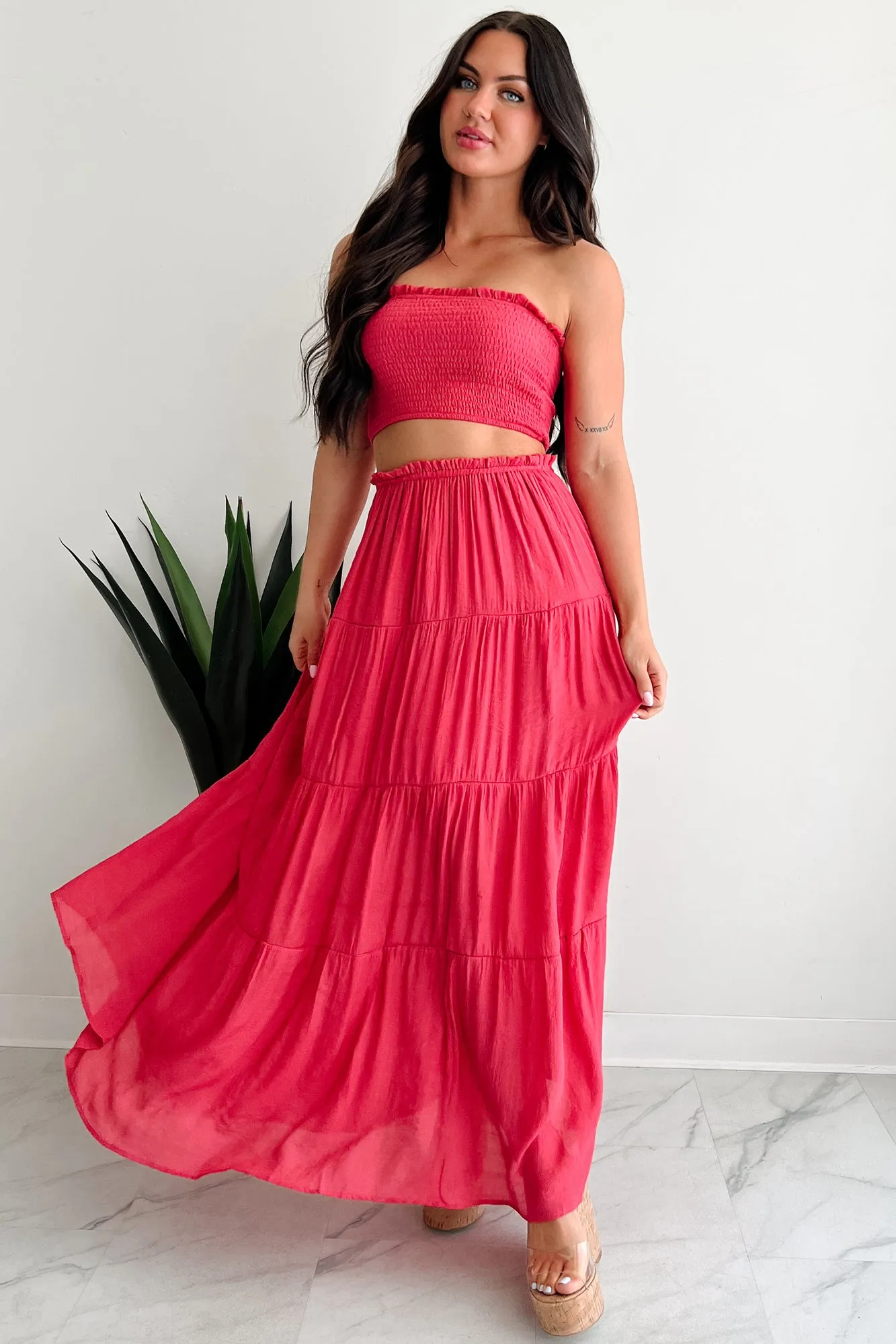 Low-Key Luxury Smocked Bandeau & Maxi Skirt Set (Coral Red) Comfy Fit