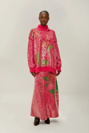 Pink Anthurium Flowers Sequins Midi Skirt Minimalist fashion