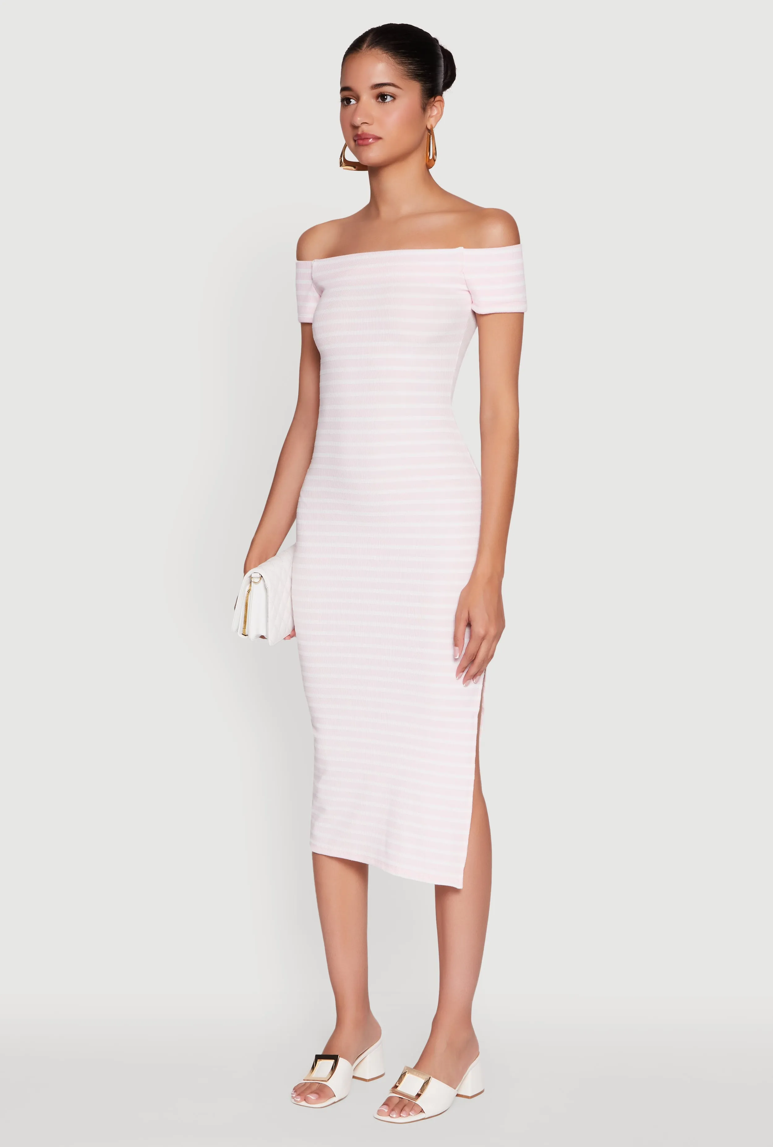 European Charm Ribbed Knit Side Slit Striped Midi Dress