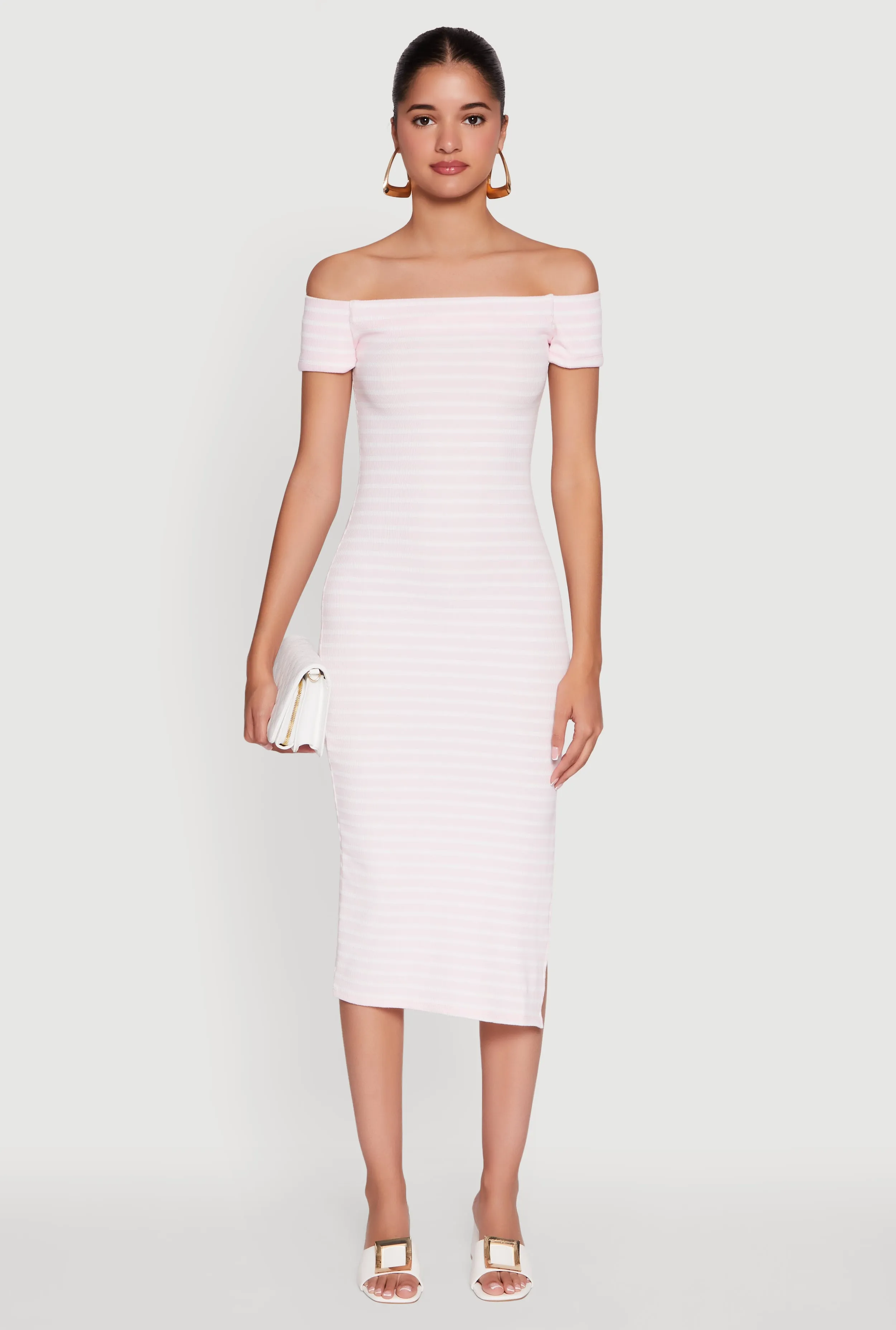 Smart and Stylish City Walk Ribbed Knit Side Slit Striped Midi Dress