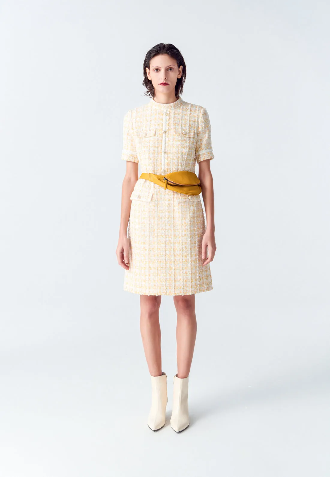 Soft Inner Lining Yellow Signature Stand Collar Tweed Dress