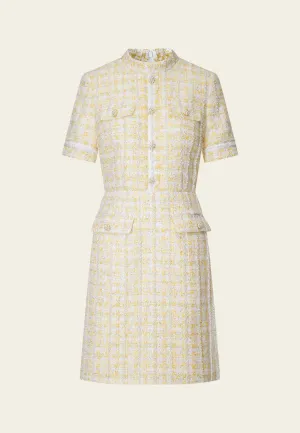 Urban Pulse SlipResistantWaistband Yellow Signature Stand Collar Tweed Dress