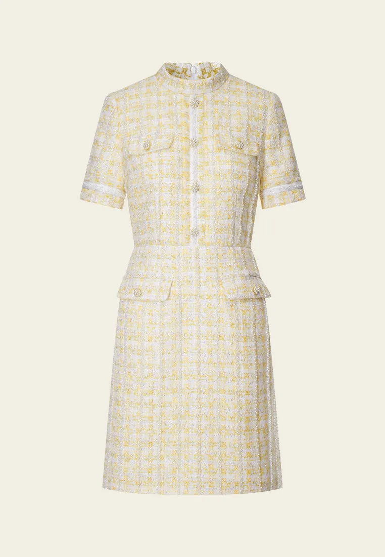 Urban Pulse SlipResistantWaistband Yellow Signature Stand Collar Tweed Dress
