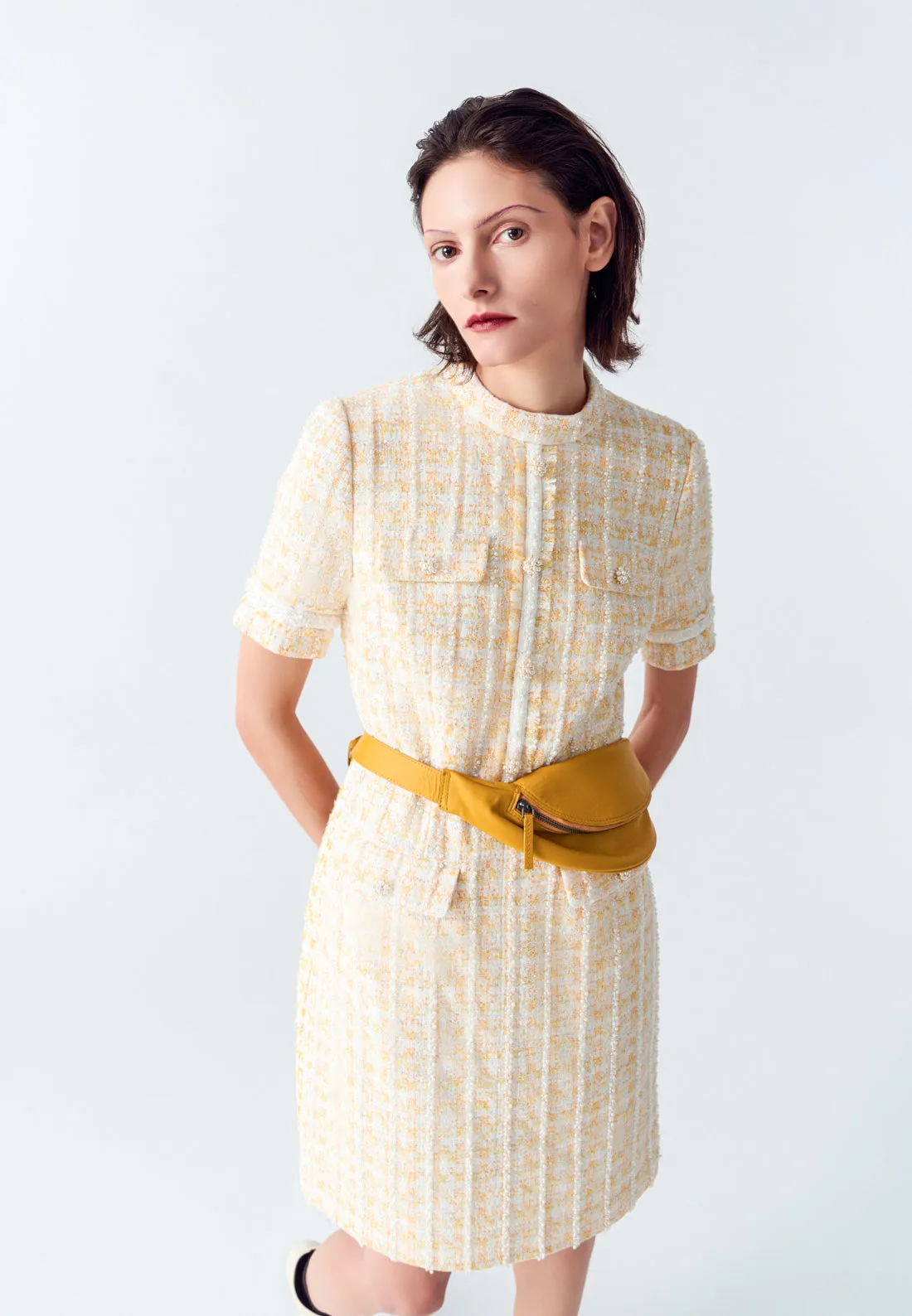 Yellow Signature Stand Collar Tweed Dress Push Edge All weather