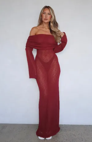 AbrasionResistant Material Made It Out Long Sleeve Boucle Maxi Dress Burgundy