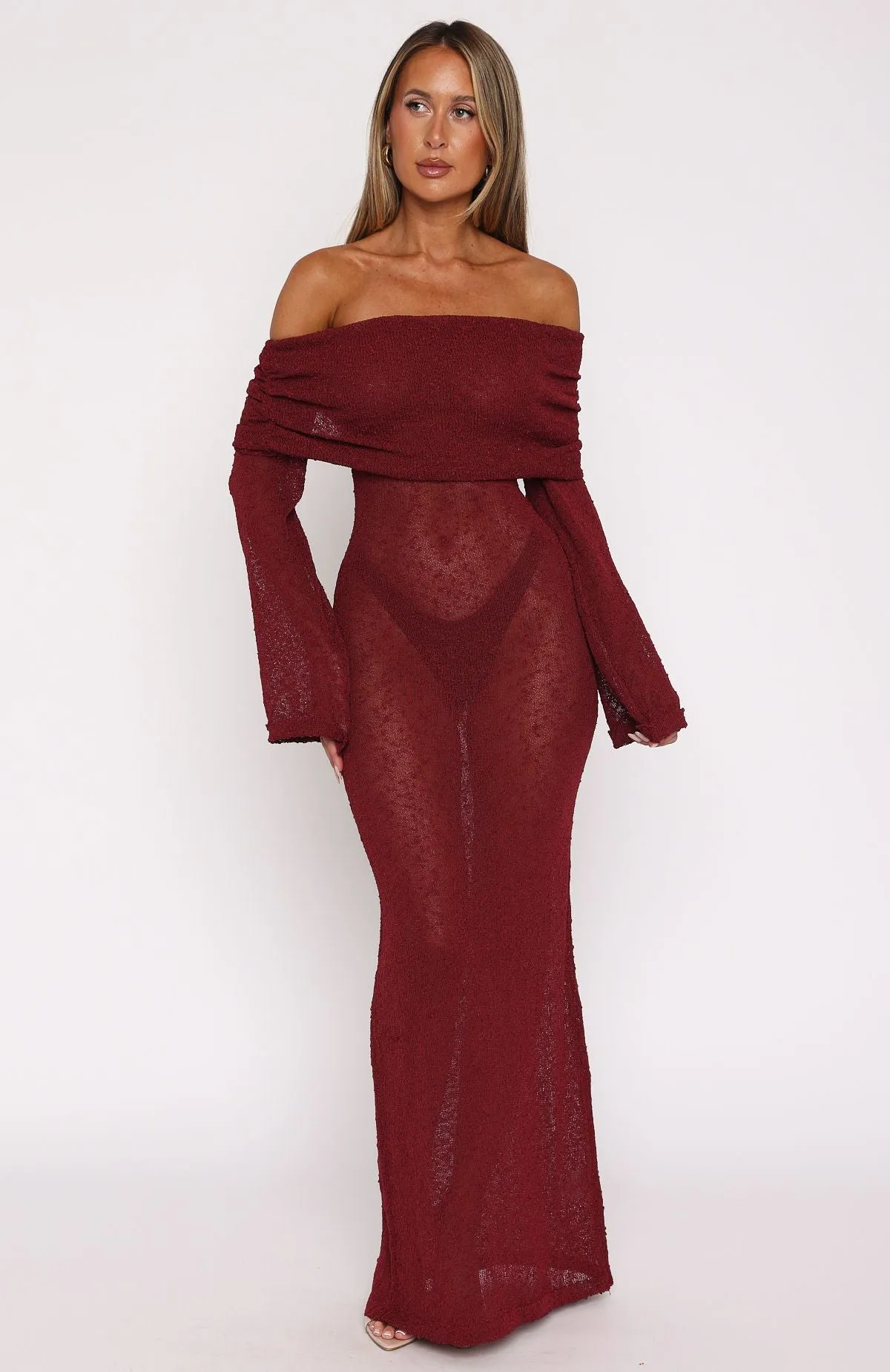 Made It Out Long Sleeve Boucle Maxi Dress Burgundy Bold Step Motion Core