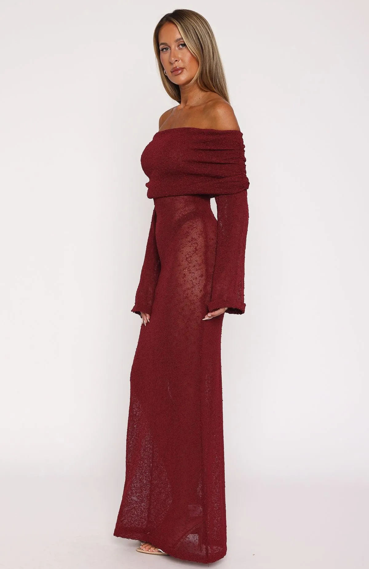 Made It Out Long Sleeve Boucle Maxi Dress Burgundy HighVisibility Bold Core