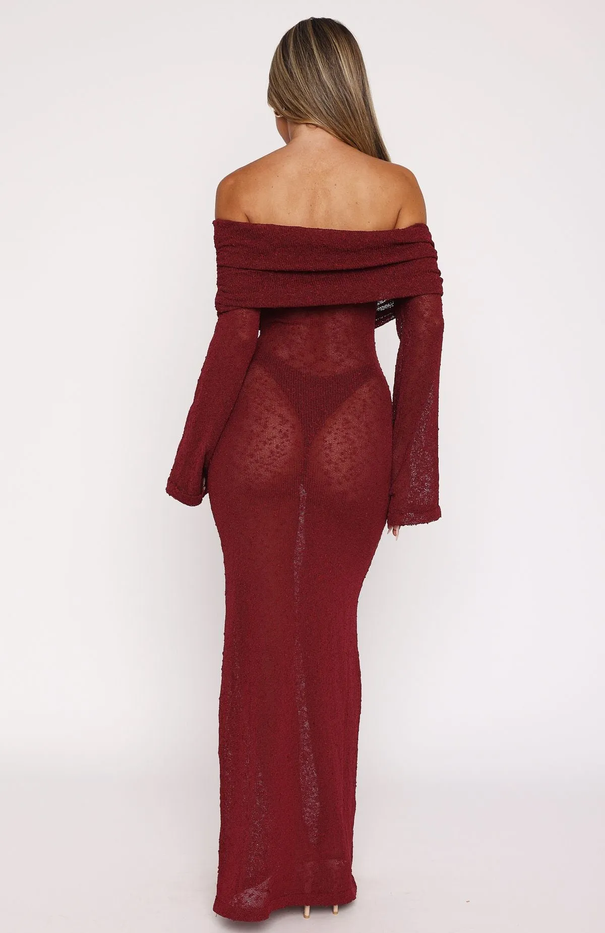Made It Out Long Sleeve Boucle Maxi Dress Burgundy Strong Edge Team Edge