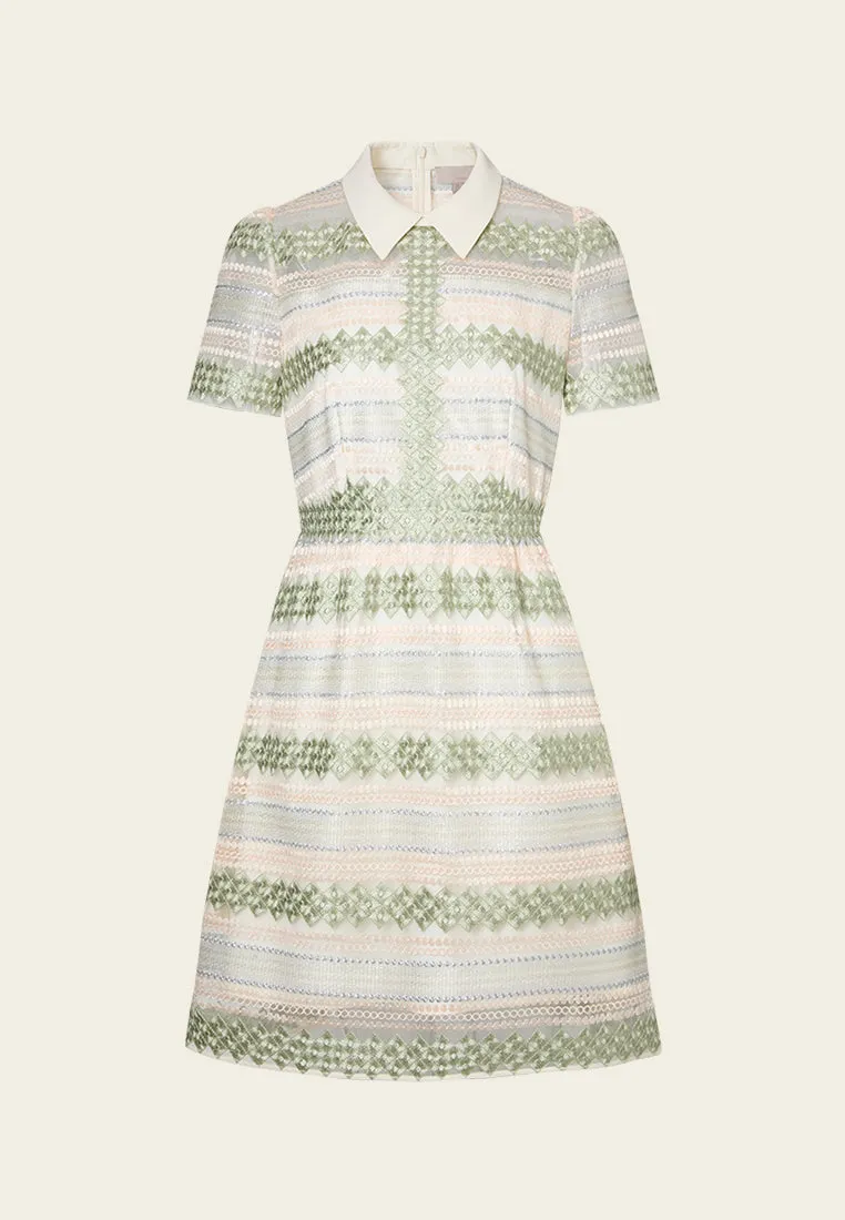 Hot Core Geometric Embroidery Striped Mesh Dress