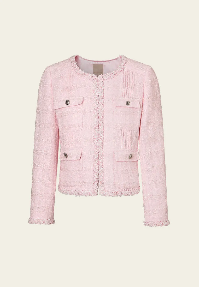TaglessCollar Story Mood Frayed-trim Pleated-detail Checked Tweed Jacket