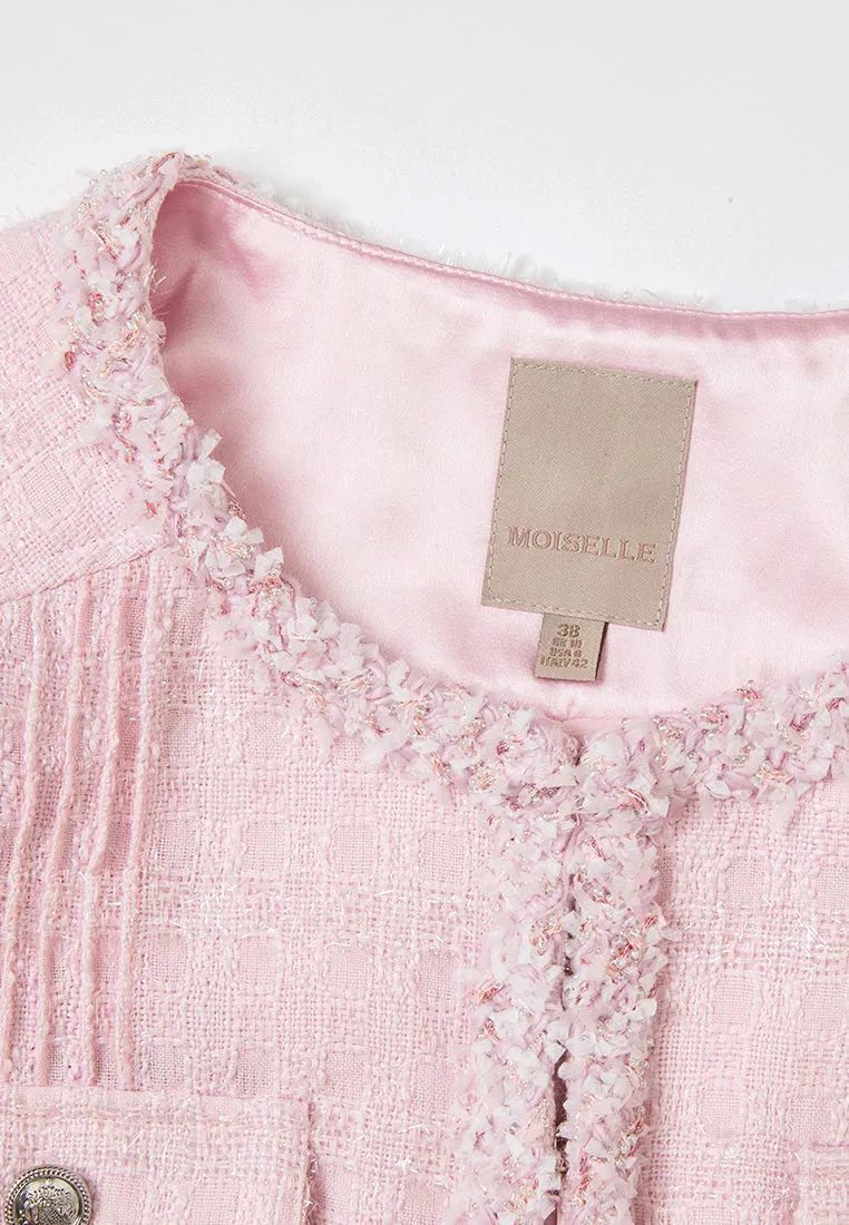 Frayed-trim Pleated-detail Checked Tweed Jacket Loose Thread elastic waistband