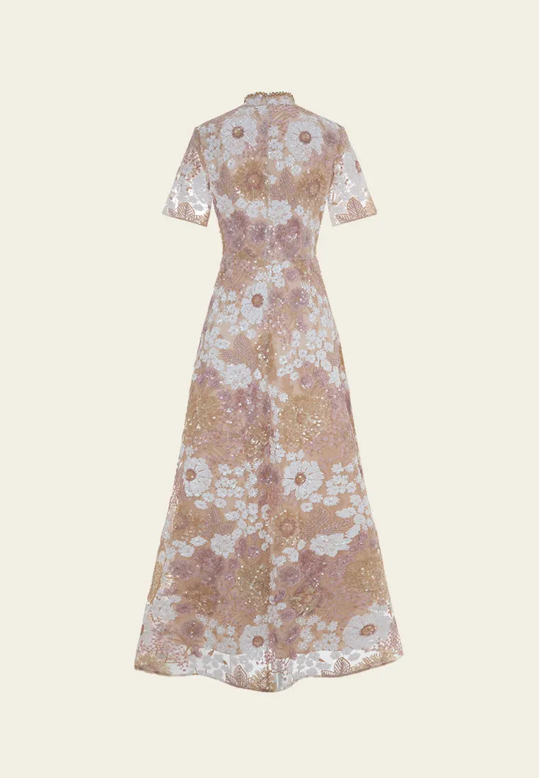Oriental Stand-collar Embellished Maxi Dress HighCollared Design MoistureControl Fabric