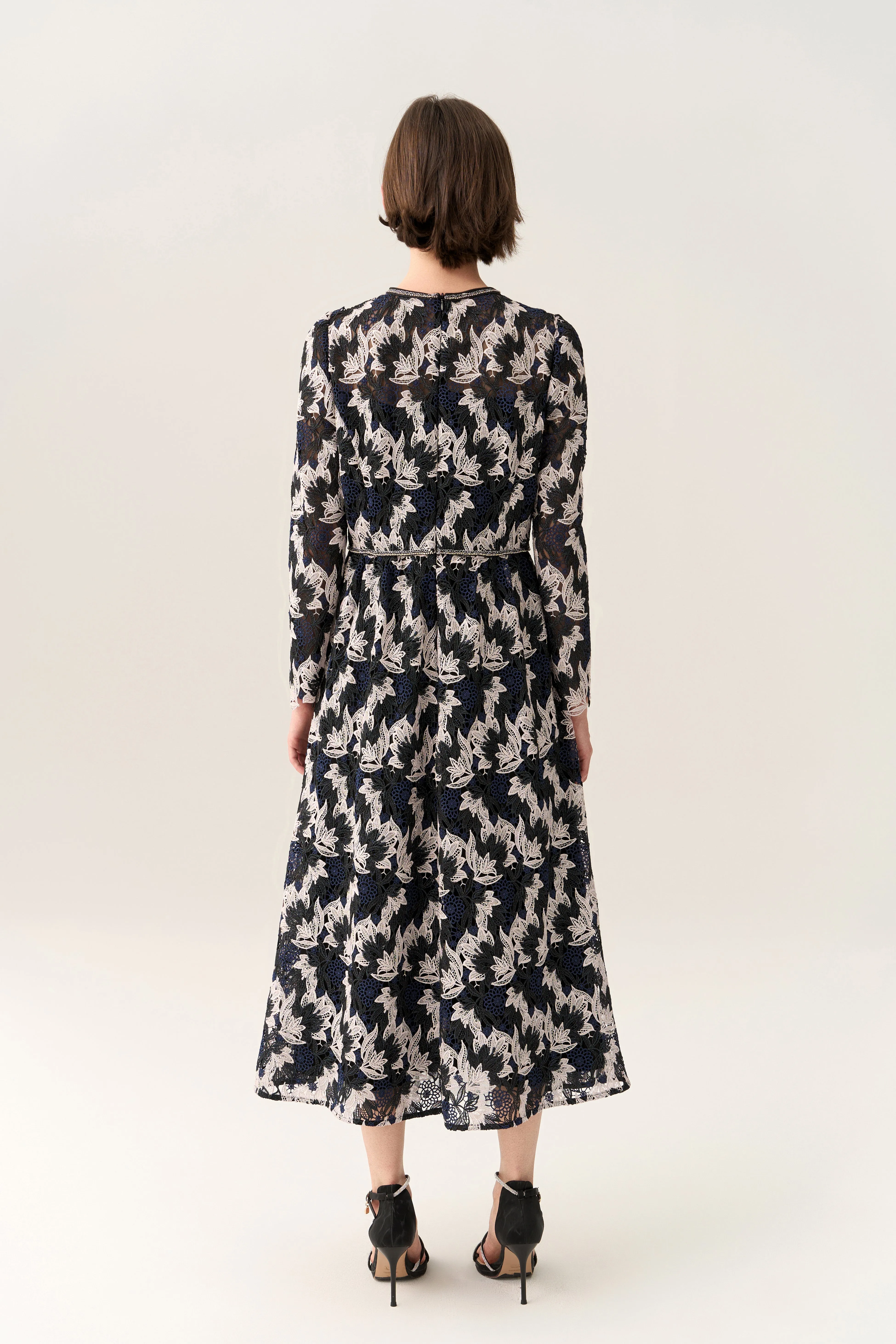 StretchWaistband Long-sleeve Lurex Lace Dress