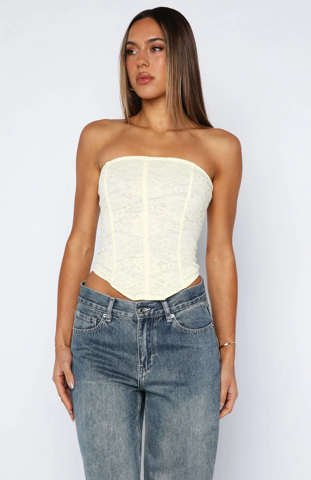 Play Your Part Strapless Bustier Lemon FrenchTerryTexture TaglessNecklineComfort