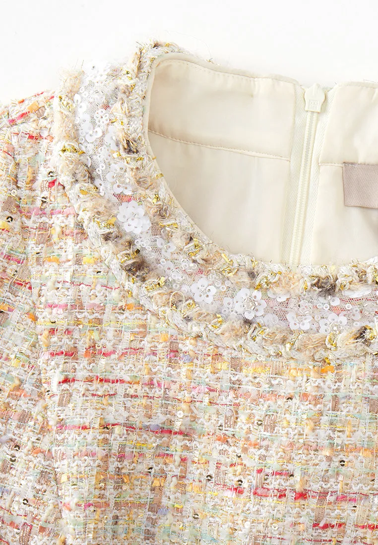 Royal Mode Daily Fit Lace-detail Braided-trim Mixed Tweed Dress