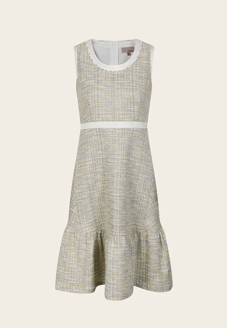 HighElasticity Boho Free Ruffle-detailing White Lining Mix-green Tweed Dress
