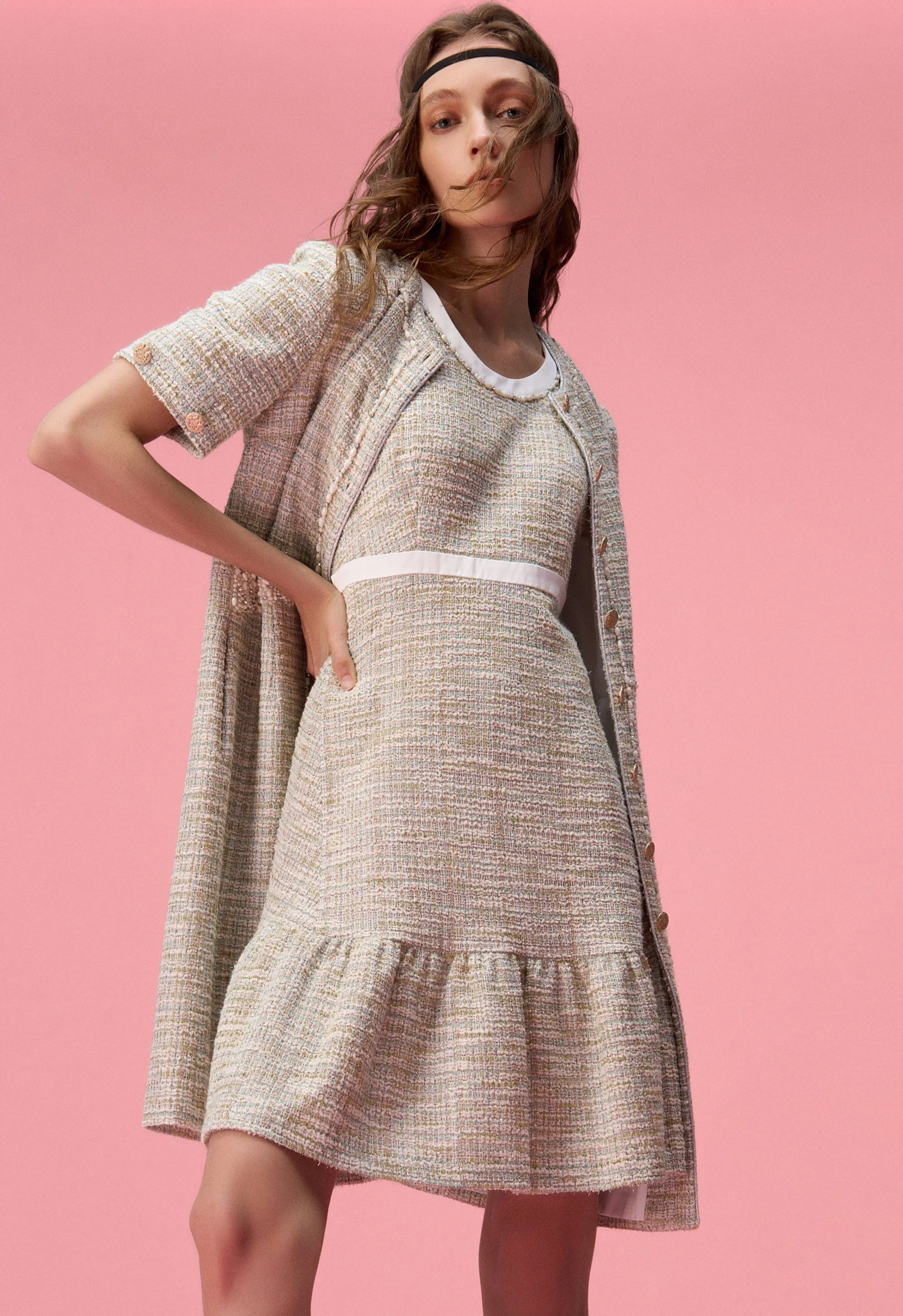 Ruffle-detailing White Lining Mix-green Tweed Dress Adjustable Straps LightweightTextile