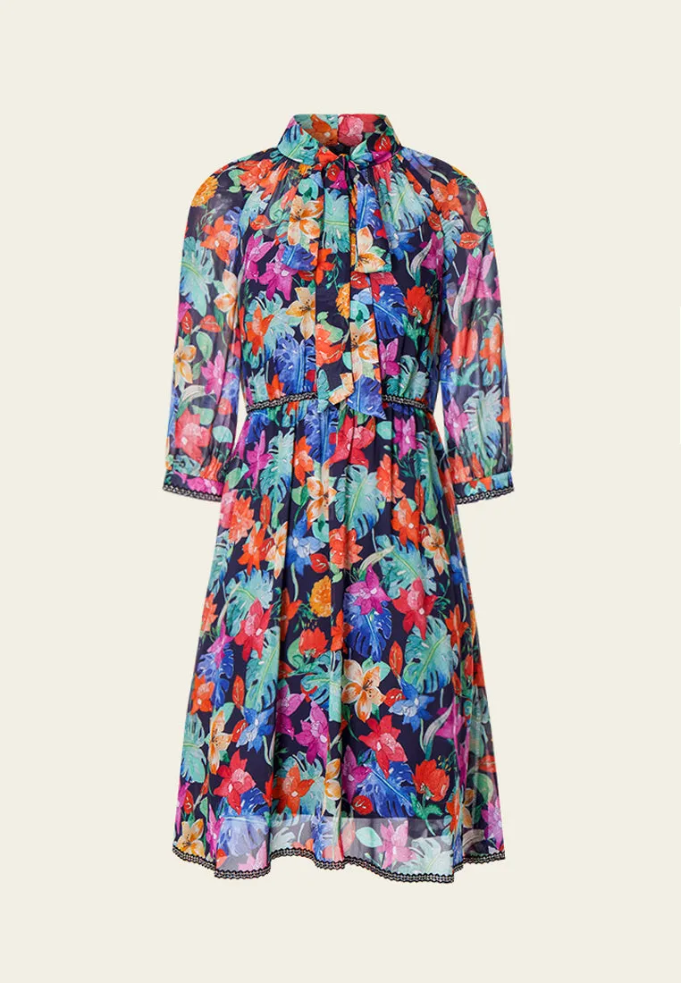 Tropical Flowers Pussy Bow Chiffon Dress Air Move CompactKnit