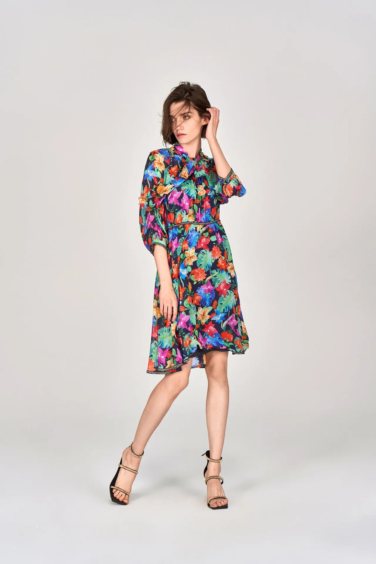 Tropical Flowers Pussy Bow Chiffon Dress Classic Mode