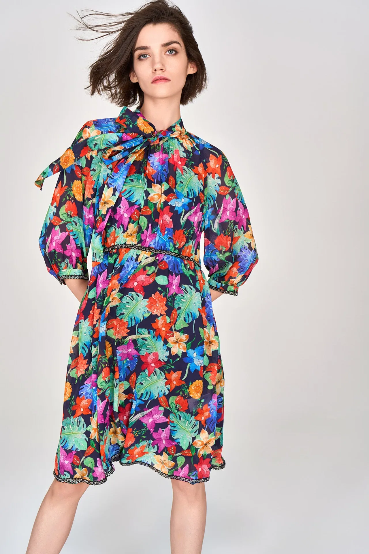 Tropical Flowers Pussy Bow Chiffon Dress StaticFreeLining Free Fit