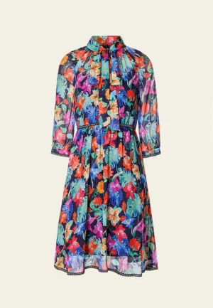 Tropical Flowers Pussy Bow Chiffon Dress Air Move CompactKnit
