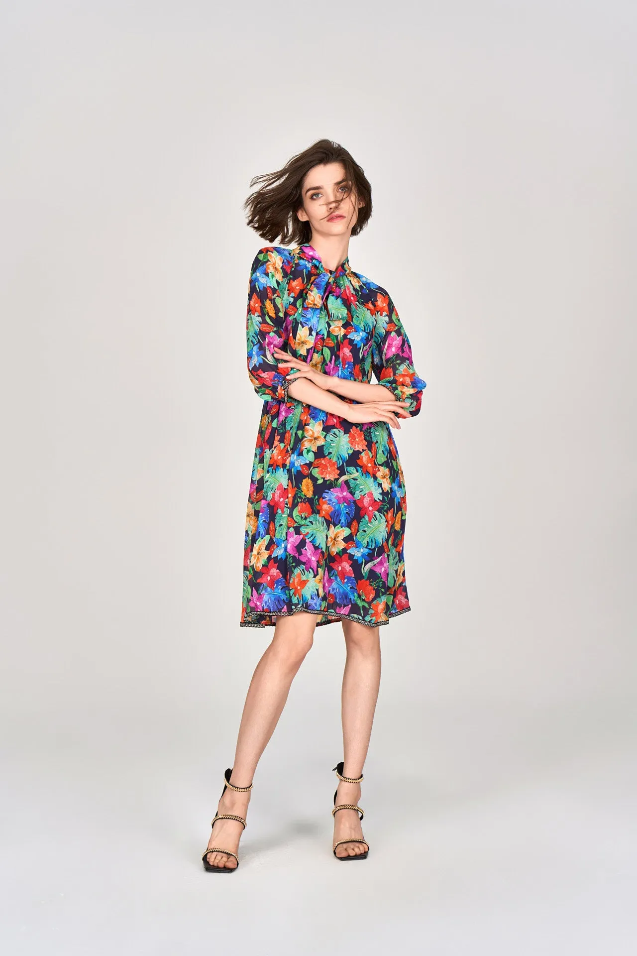 Tropical Flowers Pussy Bow Chiffon Dress WrinkleFreeFabric