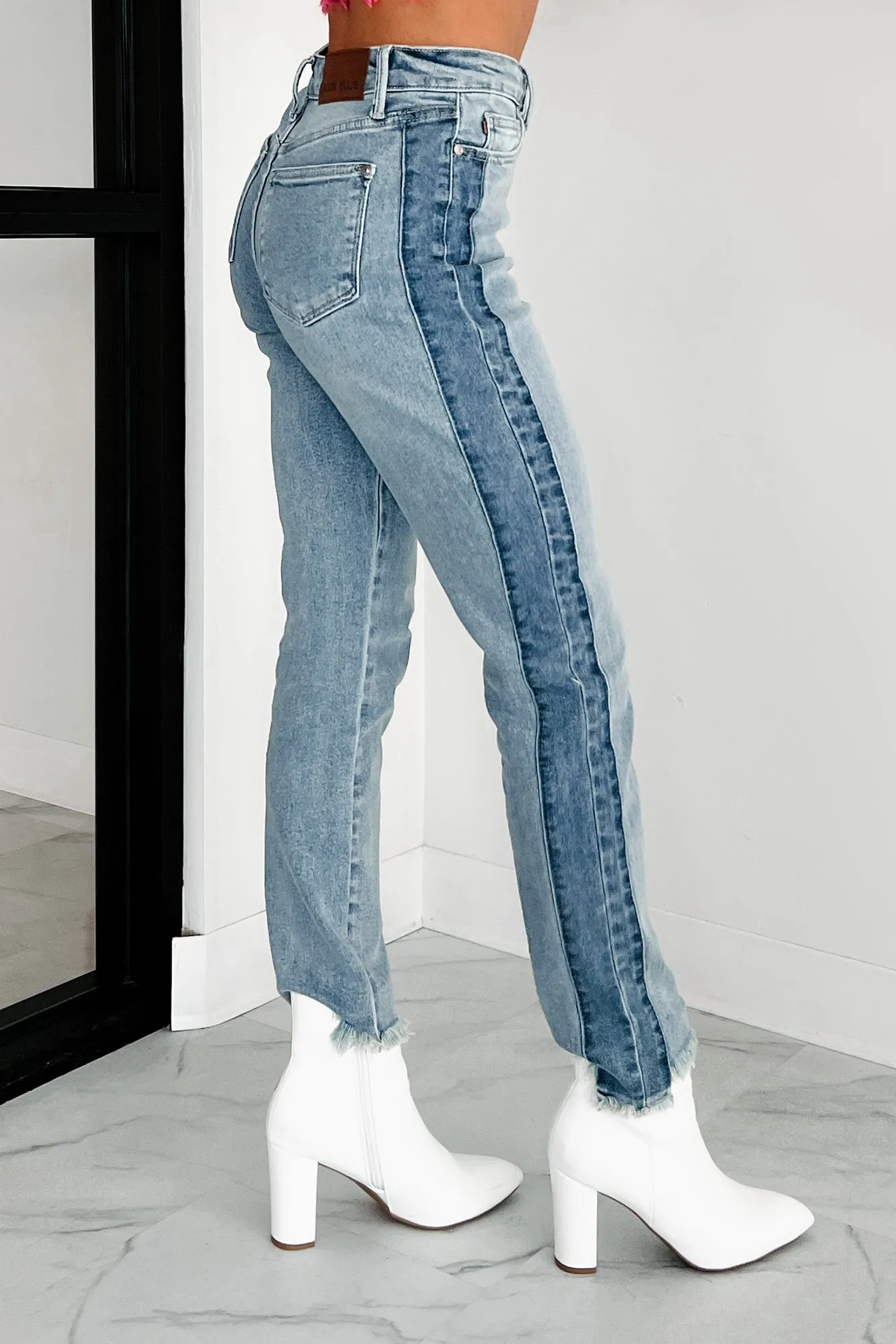 Office Wear Modern Traveler Gear Bold Look Octavius Two Tone High Waist Judy Blue Slim Jeans (Medium)