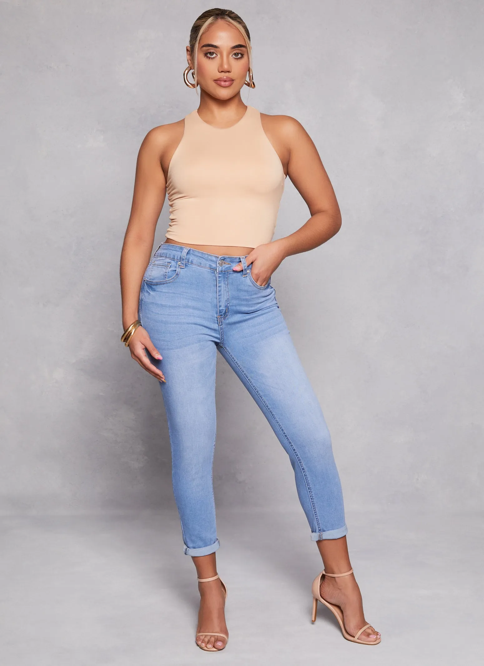 Youth Style Office Wear WAX High Waist Rolled Cuff Denim Jeans