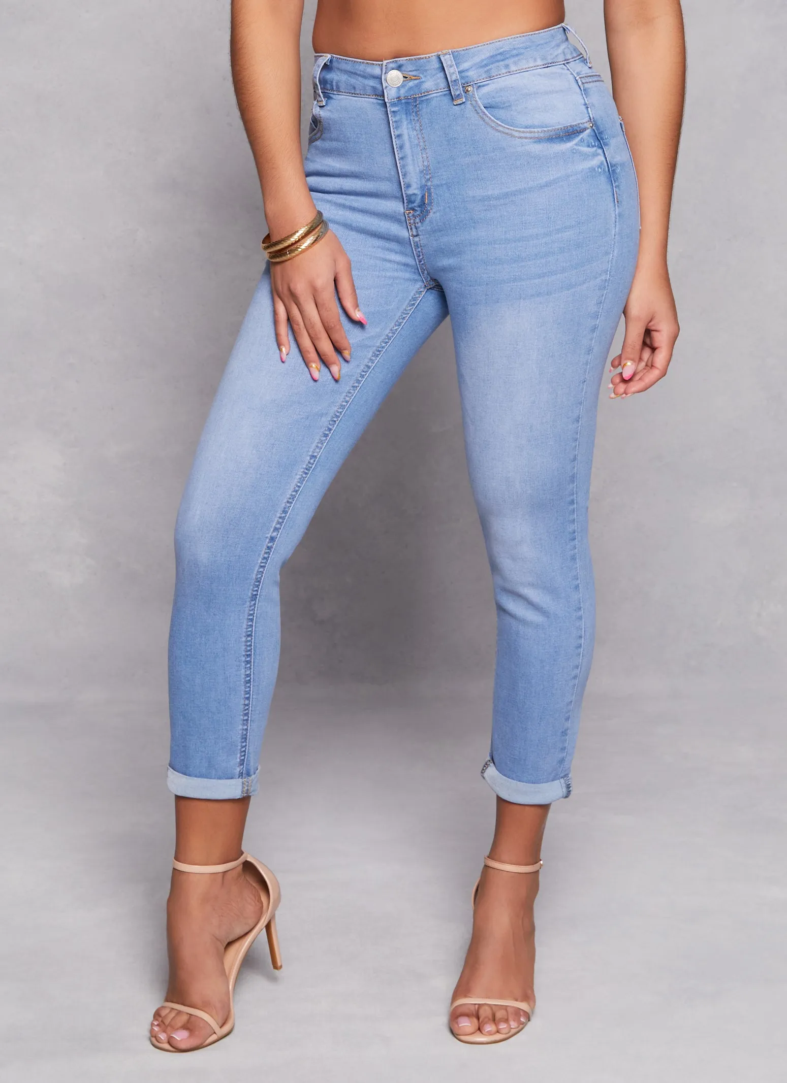 WAX High Waist Rolled Cuff Denim Jeans Travel Outfit Casual Stretch Balanced Piece