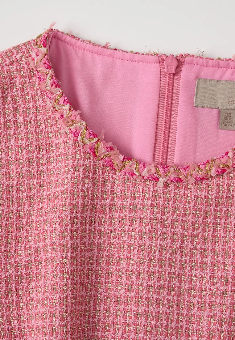 Student Cool Opaque Tone Crew-neck Frayed-trim Lurex-detail Tweed Midi Dress