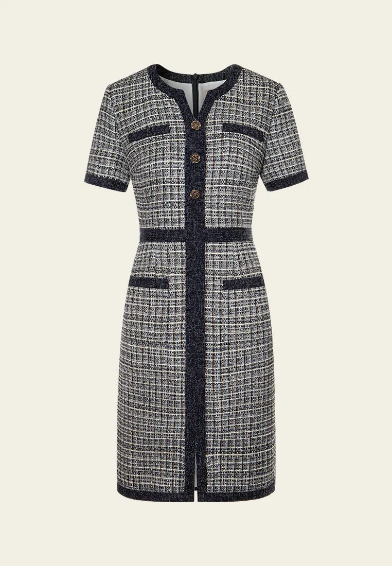 Rose Sculpted-button Contrast-trim Checked Dress QuickAccess Pockets french chic