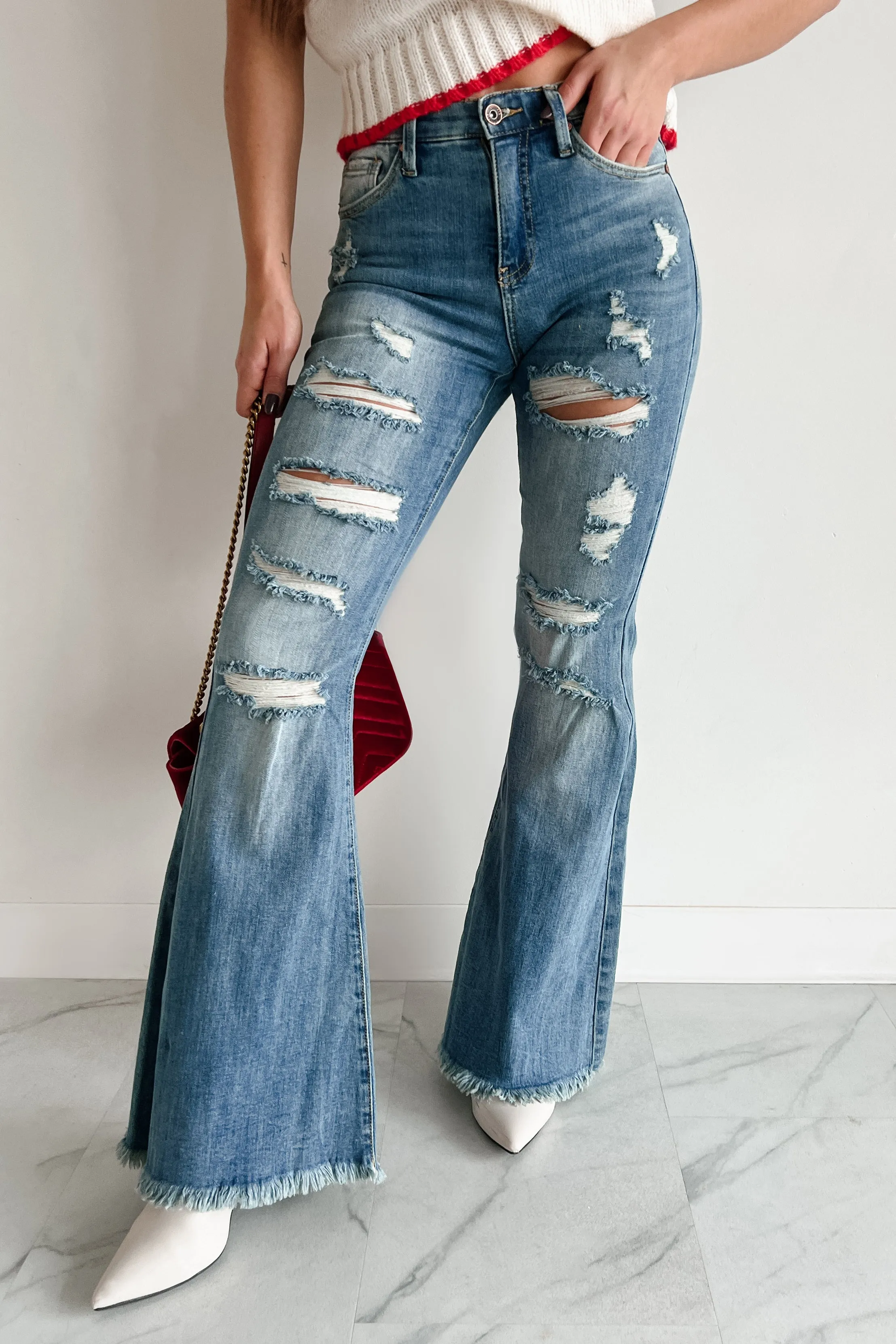 HypoallergenicFibers DoubleStitchedHem Zora Special A High Rise Distressed Tummy Control Flare Jeans (Medium)