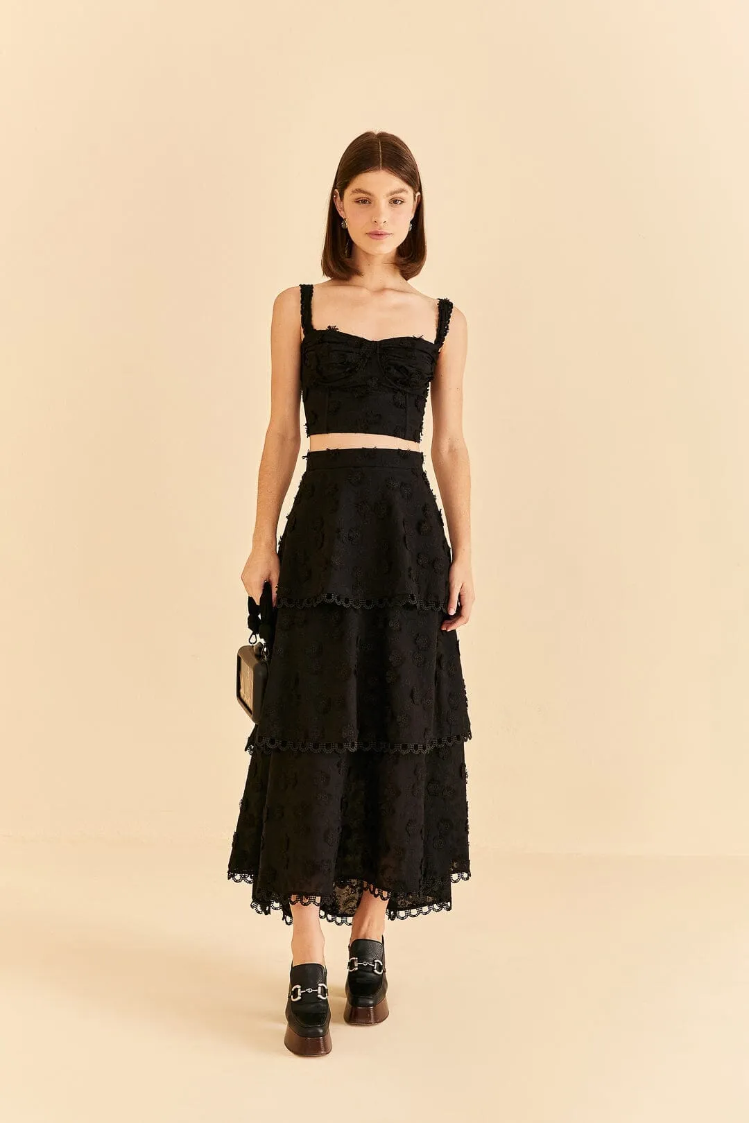 Crossback Strap Soft Vibe Black 3d Flower Tiered Maxi Skirt