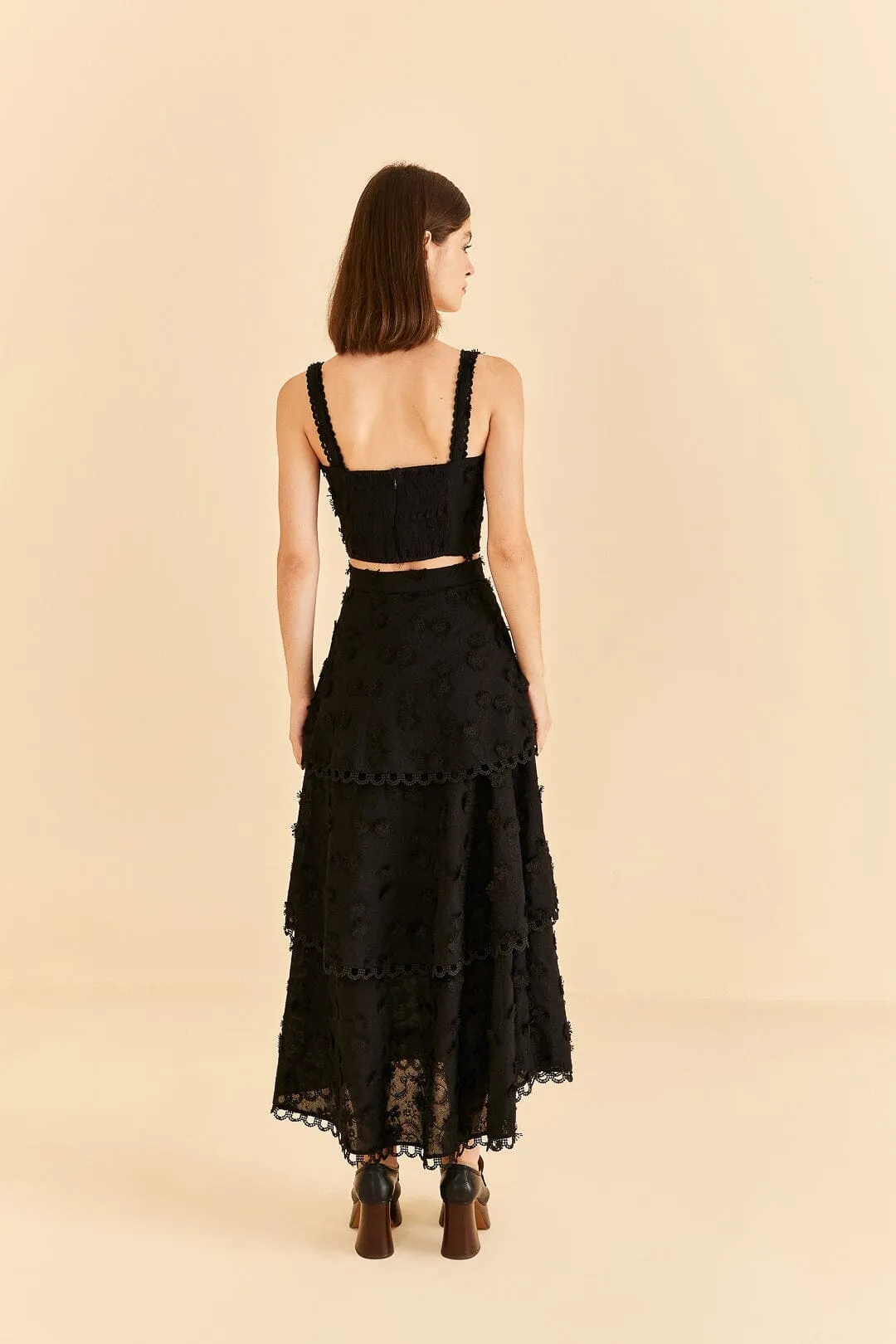 Black 3d Flower Tiered Maxi Skirt Built In Shorts