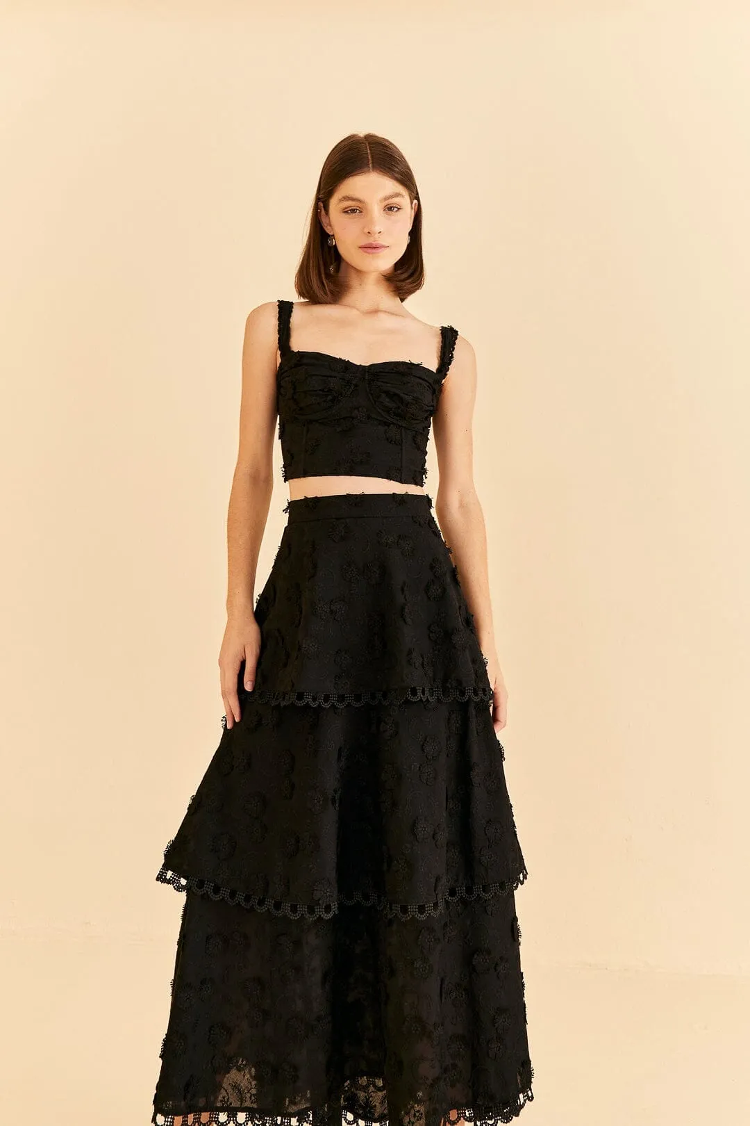 Cozy Vibes Fold Over Detail Black 3d Flower Tiered Maxi Skirt