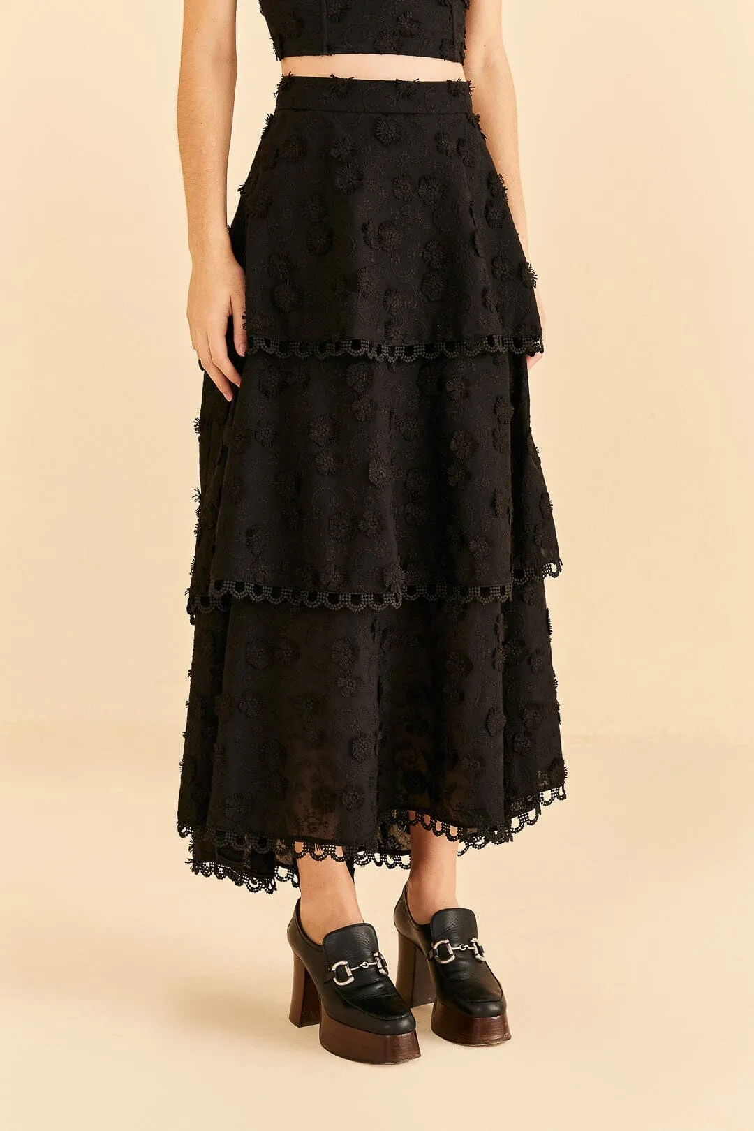 Black 3d Flower Tiered Maxi Skirt Lined interior