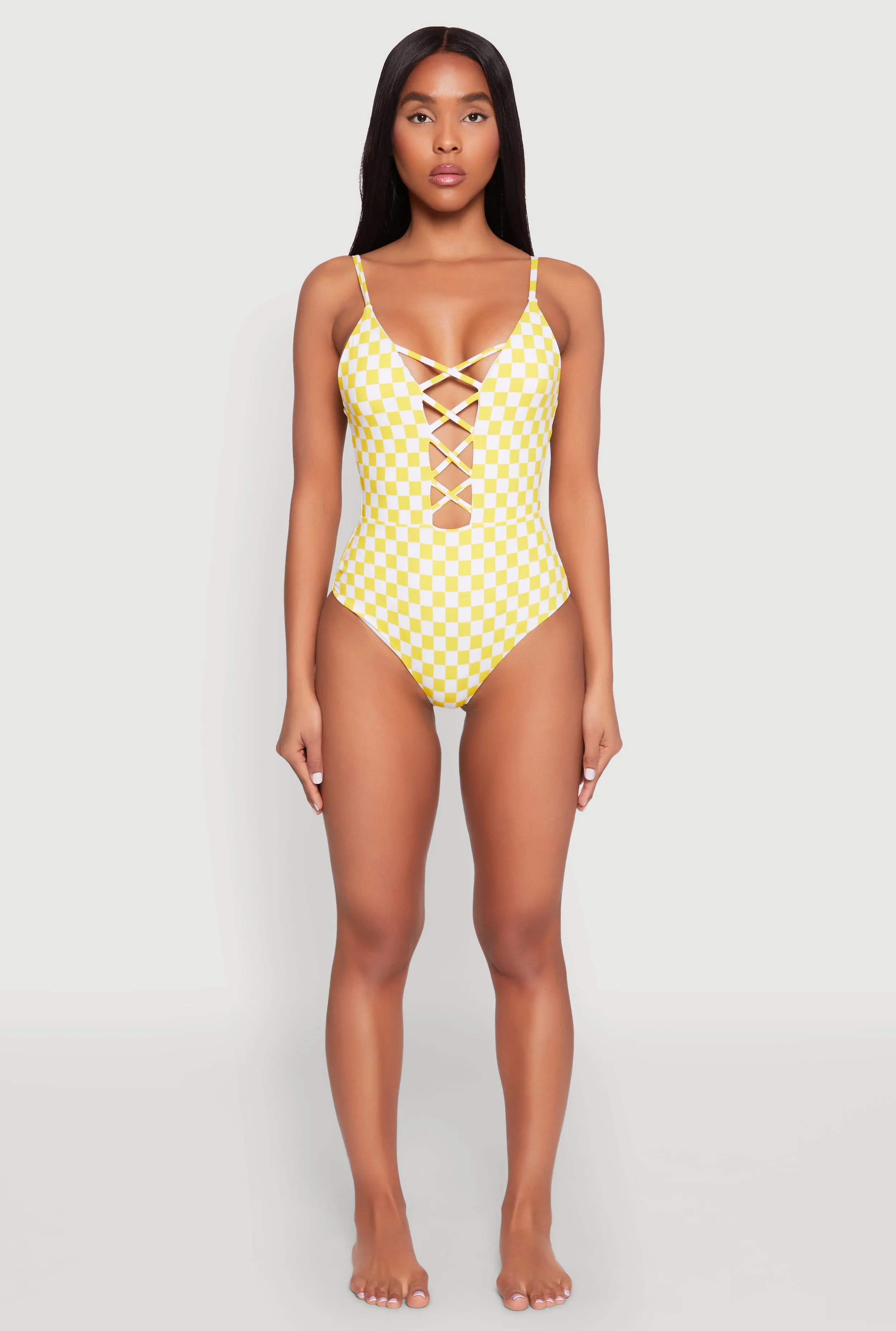 Checkered Print Caged Front One Piece Swimsuit Friction Free Seams Wrinkle resistant fabric
