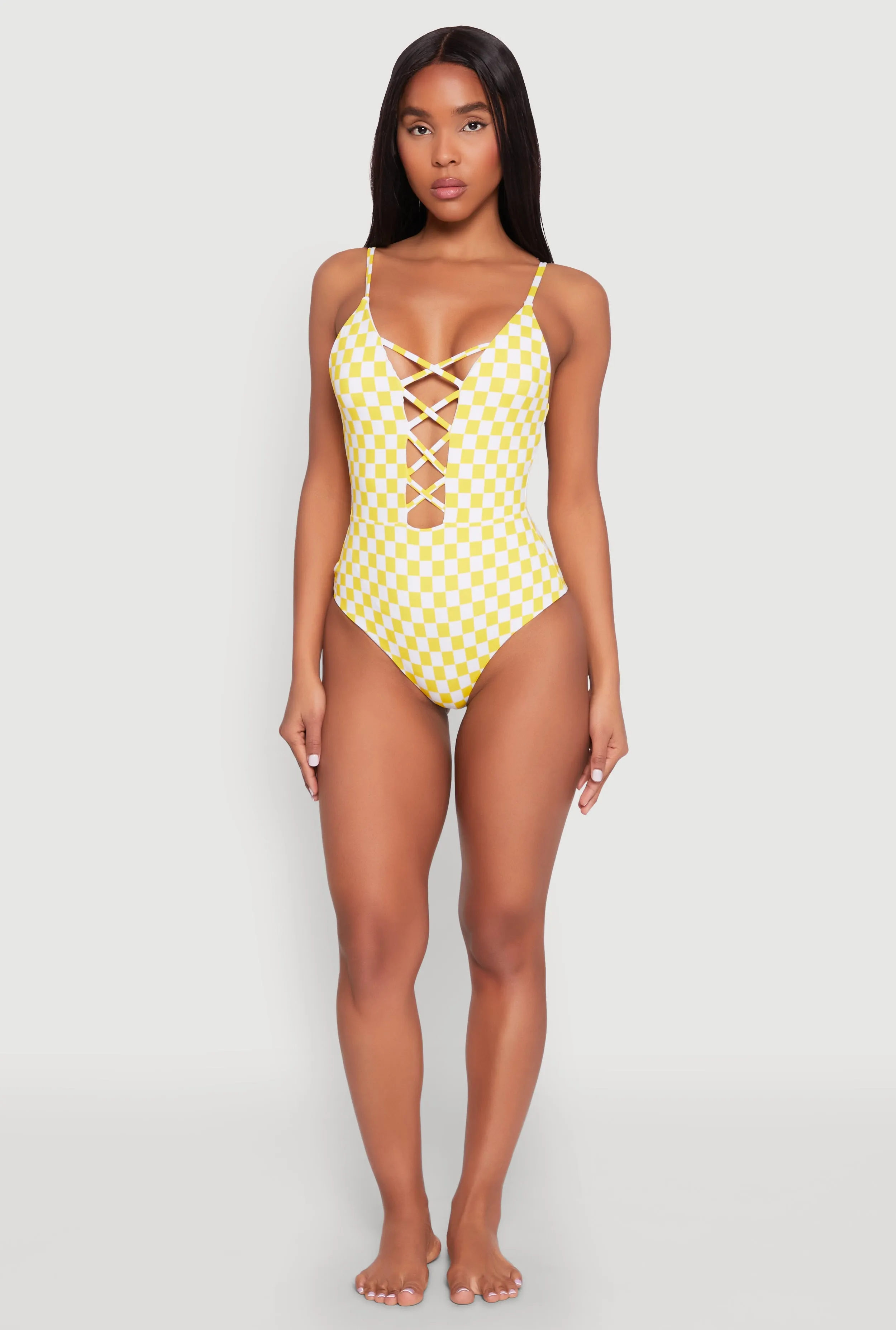 Adjustable Drawstring Waist Checkered Print Caged Front One Piece Swimsuit