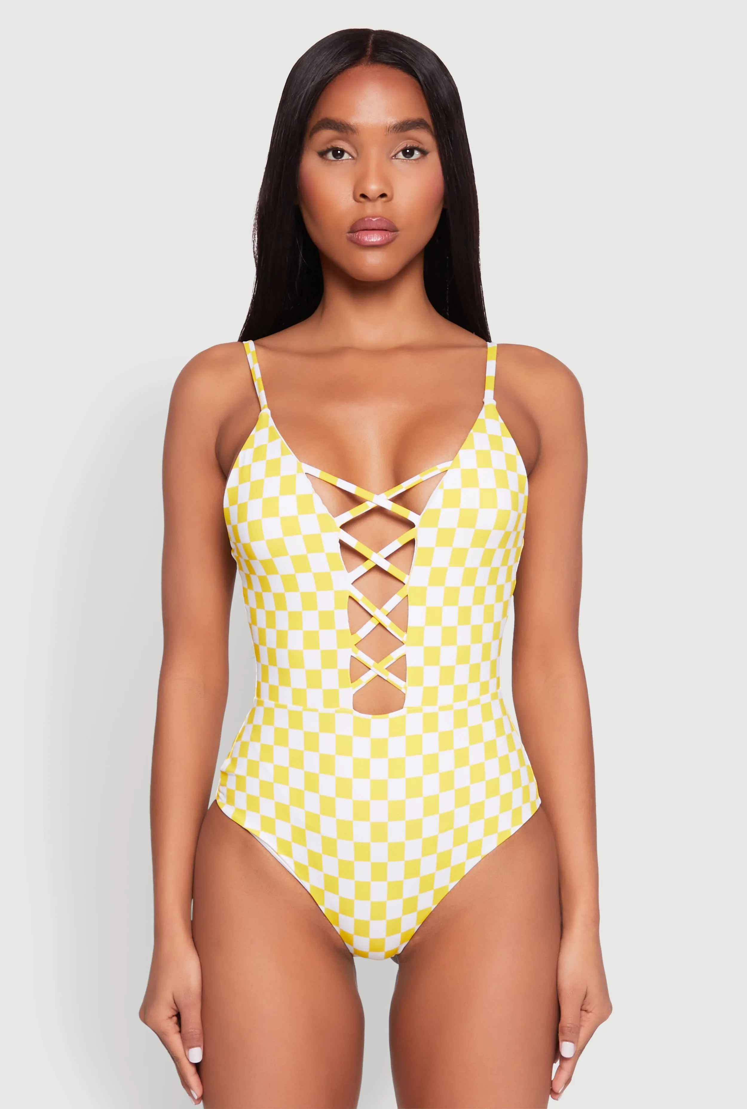 Reinforced Stitching No Roll Edging Checkered Print Caged Front One Piece Swimsuit