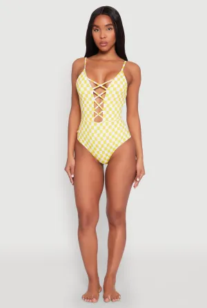 Adjustable Drawstring Waist Checkered Print Caged Front One Piece Swimsuit