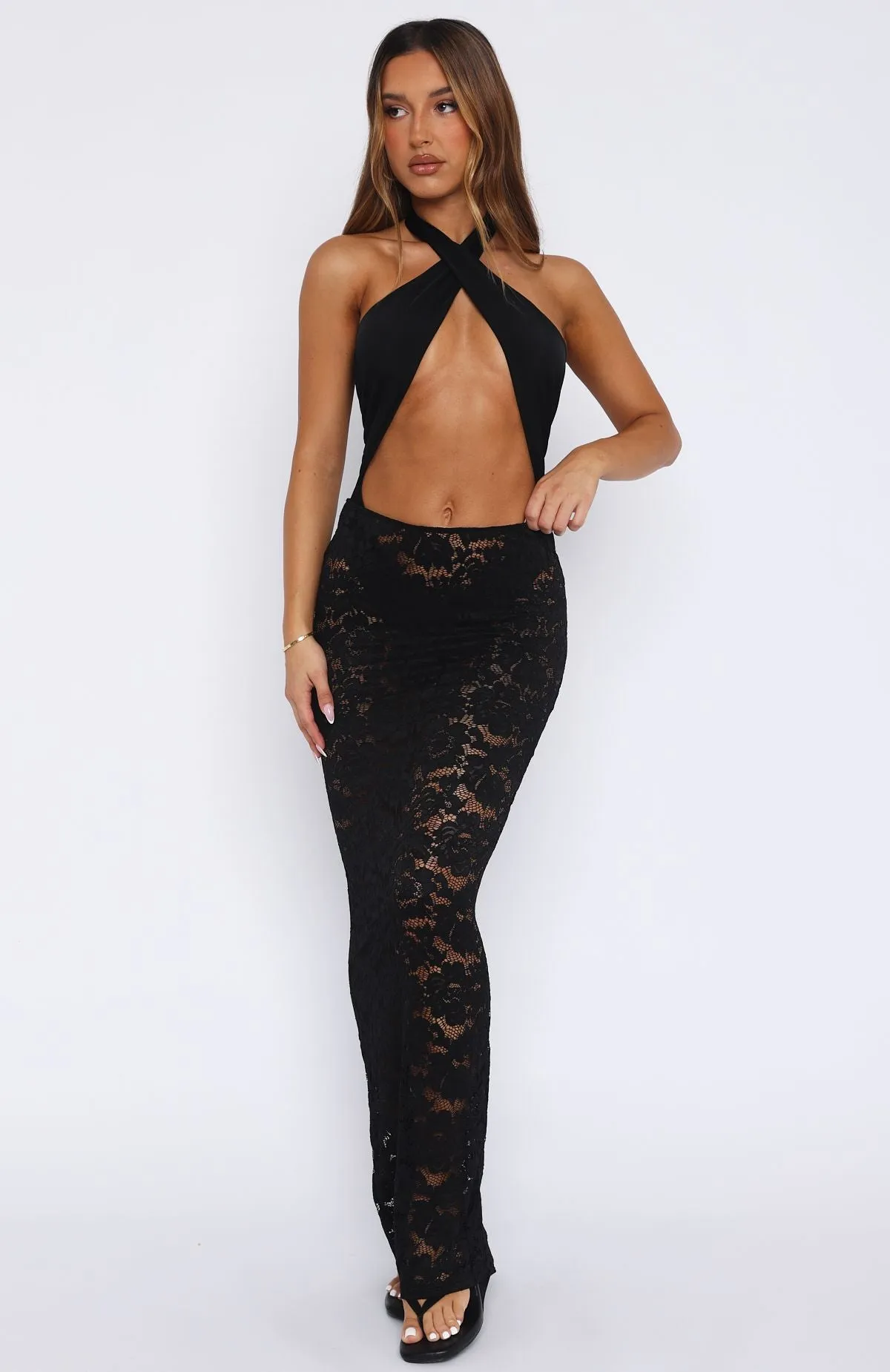 Sunset Scene Repair Fit Take Time Lace Maxi Skirt Black