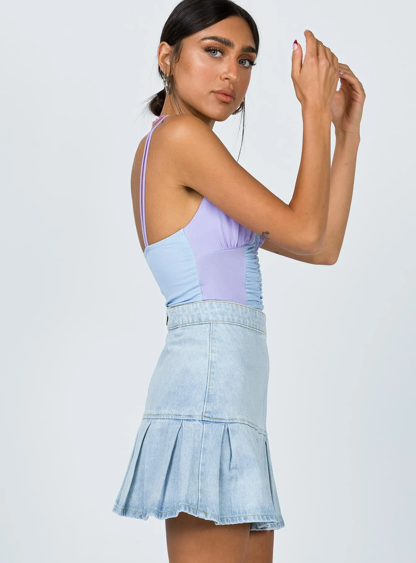 Rescue Me Pleat Mini Skirt Light Wash Denim Fashion Energy