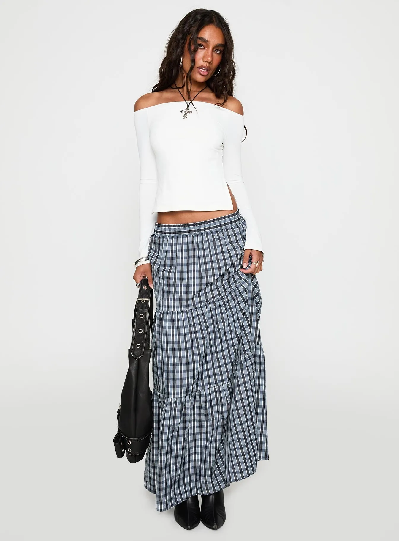 Rockwell Tiered Midi Skirt Navy Check Season To Season
